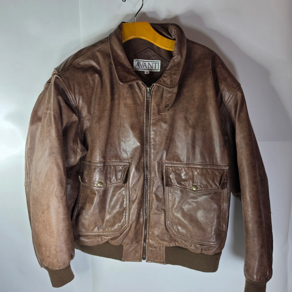 Vtg Avanti Brown Leather Bomber Flight Jacket Mens Size M Distressed 80s 90s G1